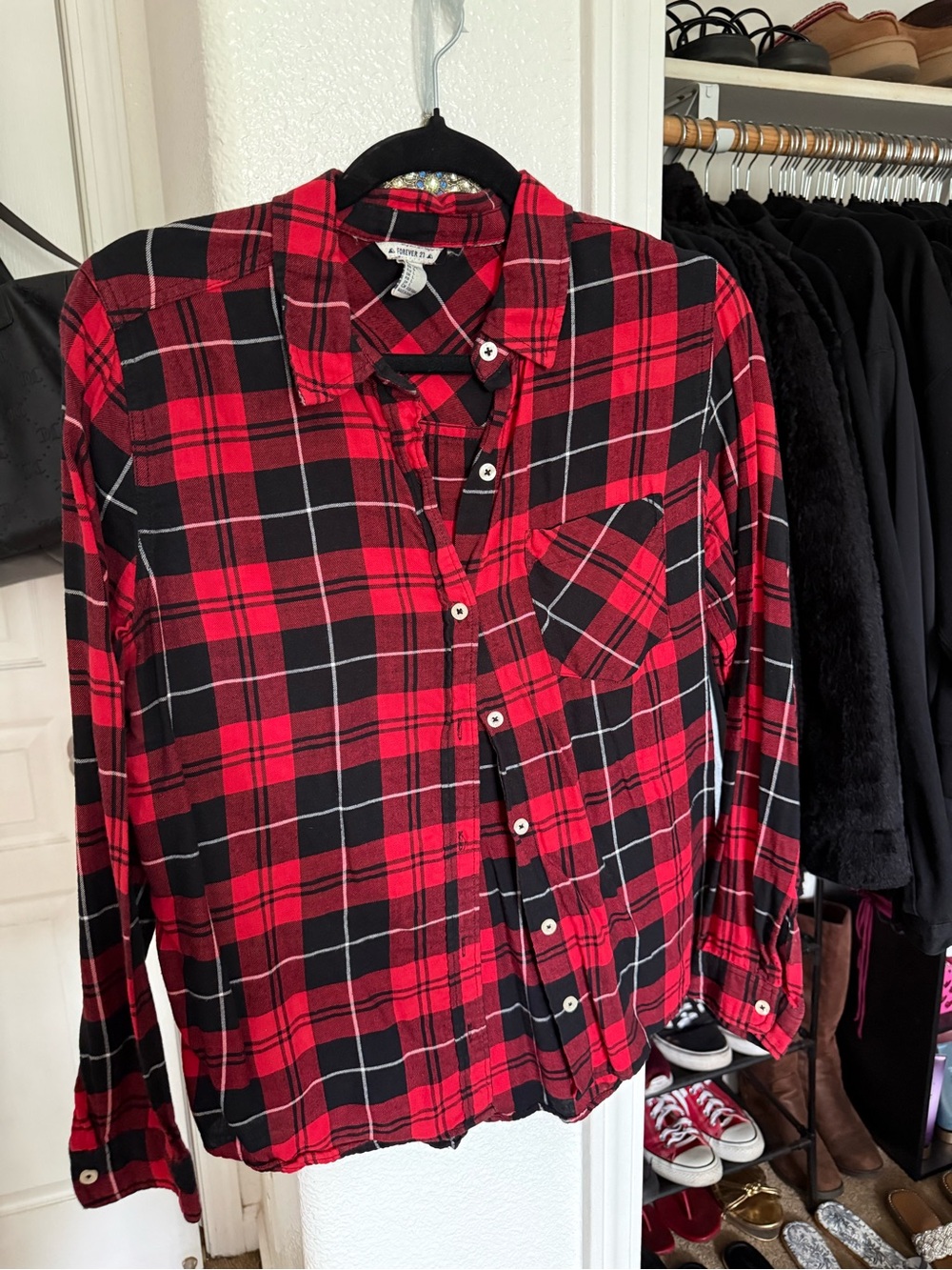 Red & Black Plaid Women’s Button-Up Shirt